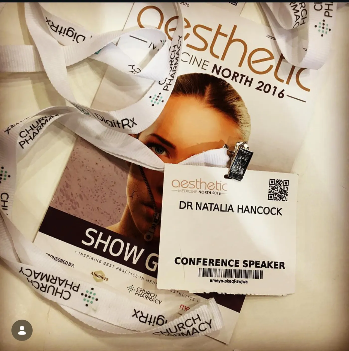 Dr Natalia Hancock conference speaker badge at Aesthetic Medicine North